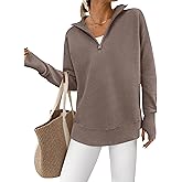 PRETTYGARDEN Womens Long Sleeve Quarter Zip Pullover Sweater Casual Loose V Neck Collared Ribbed Knit Jumper Tops Thumb Hole