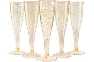 MATANA 48 Premium Plastic Champagne Flutes Gold Glitter 5 oz/ 133ml - Reusable Toasting Glasses for Cocktails, Dessert, Prose