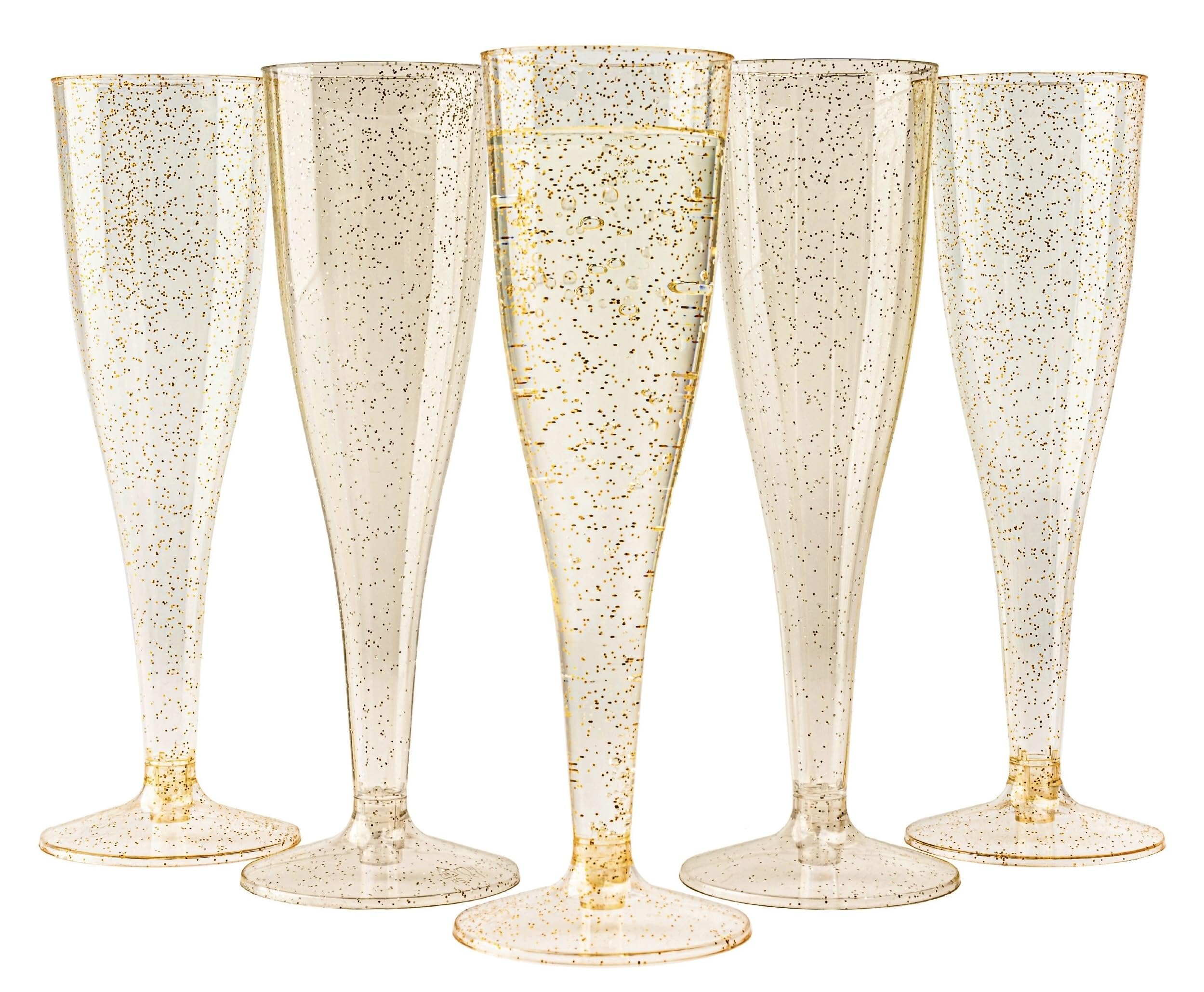 MATANA 48 Premium Plastic Champagne Flutes with Gold Glitter, 133ml - Reusable Champagne Glasses, Plastic Flutes, Prosecco Glasses for Cocktails, Wine, Dessert, Weddings, Birthdays, BBQ, Parties