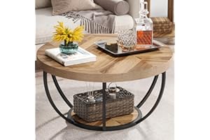 Tribesigns 31.7" Round Industrial Coffee Table with 2-Tier Storage Shelves, Modern Wood & Black Metal Accent Center Table for