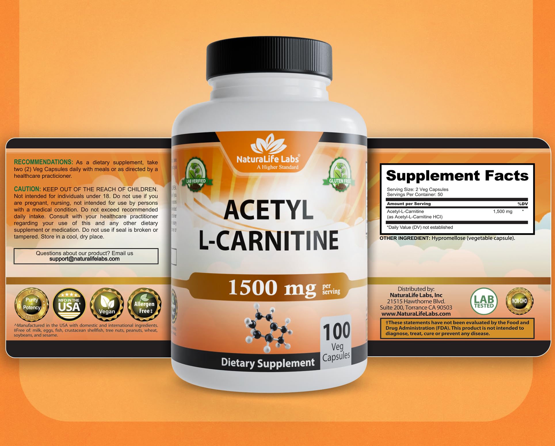 Acetyl L-Carnitine (ALCAR) 1500 mg per Serving – 100 Capsules – Non-GMO, Gluten-Free, Vegan