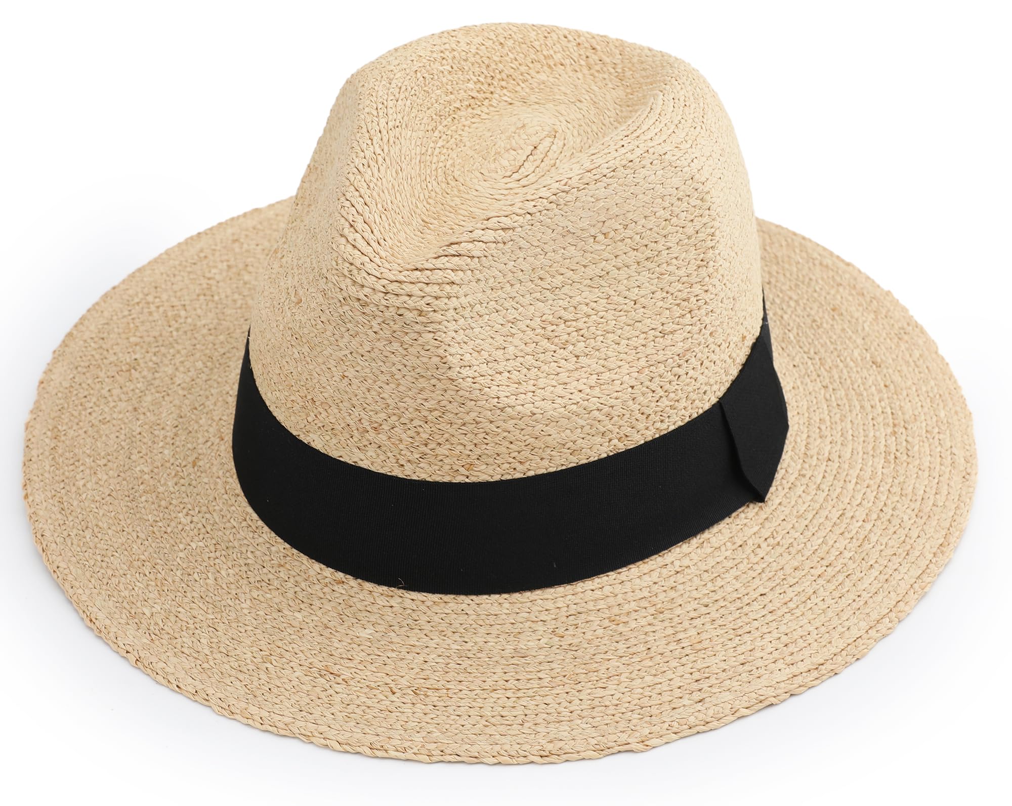 Photo 1 of Raffia Straw Fedora Hat for Women and Men, Summer Beach Sun Protection, Packable Adjustable Design (US, Alpha, Medium, Beige-7cm Brim)