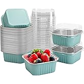50 Pcs Mini Square Baking Cups with Lids,5oz Aluminum Foil Mini Cake Pans with Lids,Disposable Ramekins Cake Pans,150ml Dessert Cups Cupcake Pans for Wedding Birthday Party,Blue