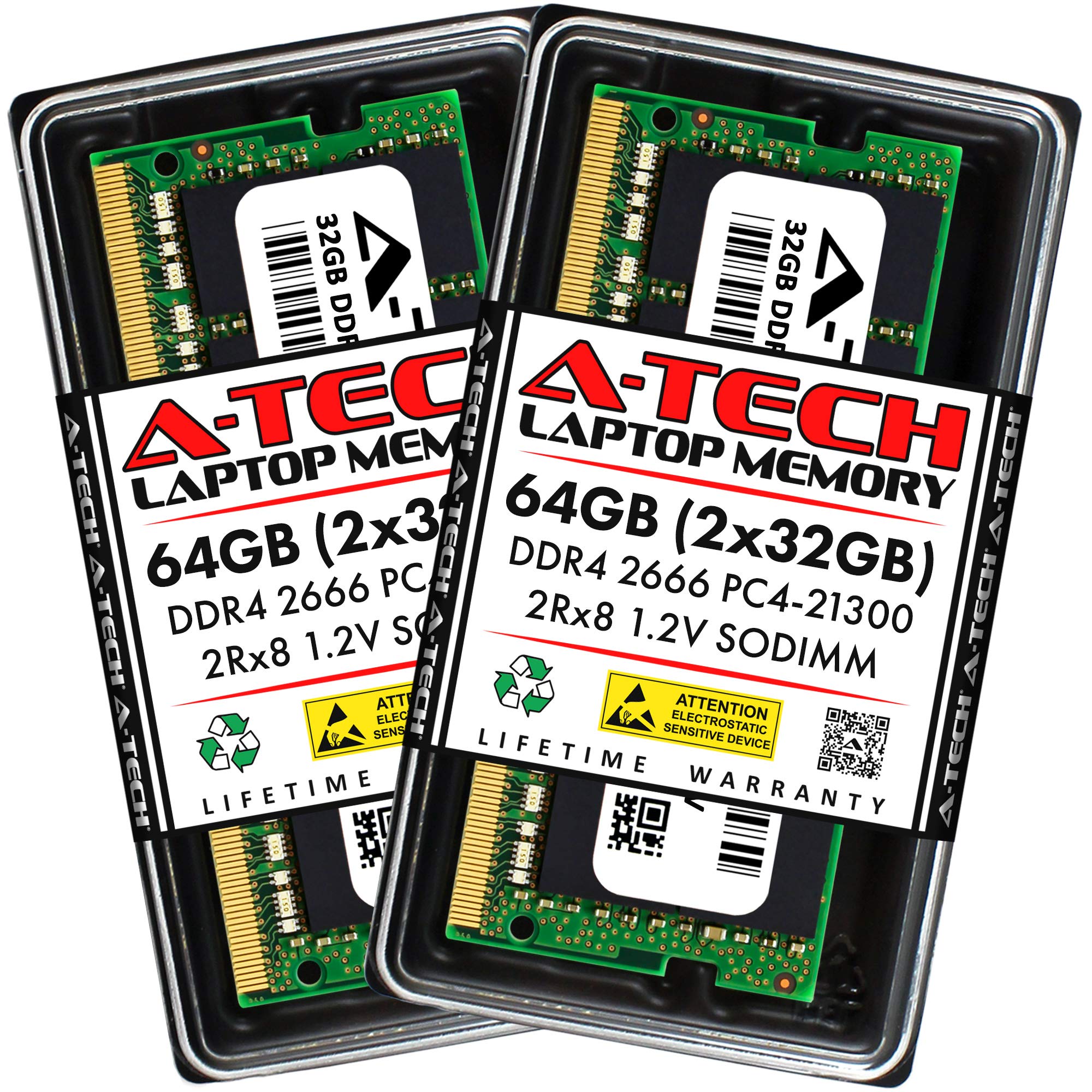A-Tech 64GB (2x32GB) DDR4 2666MHz SODIMM PC4-21300 2Rx8 Non-ECC CL19 1.2V 260-Pin SO-DIMM Laptop Notebook Computer RAM Memory Upgrade Kit