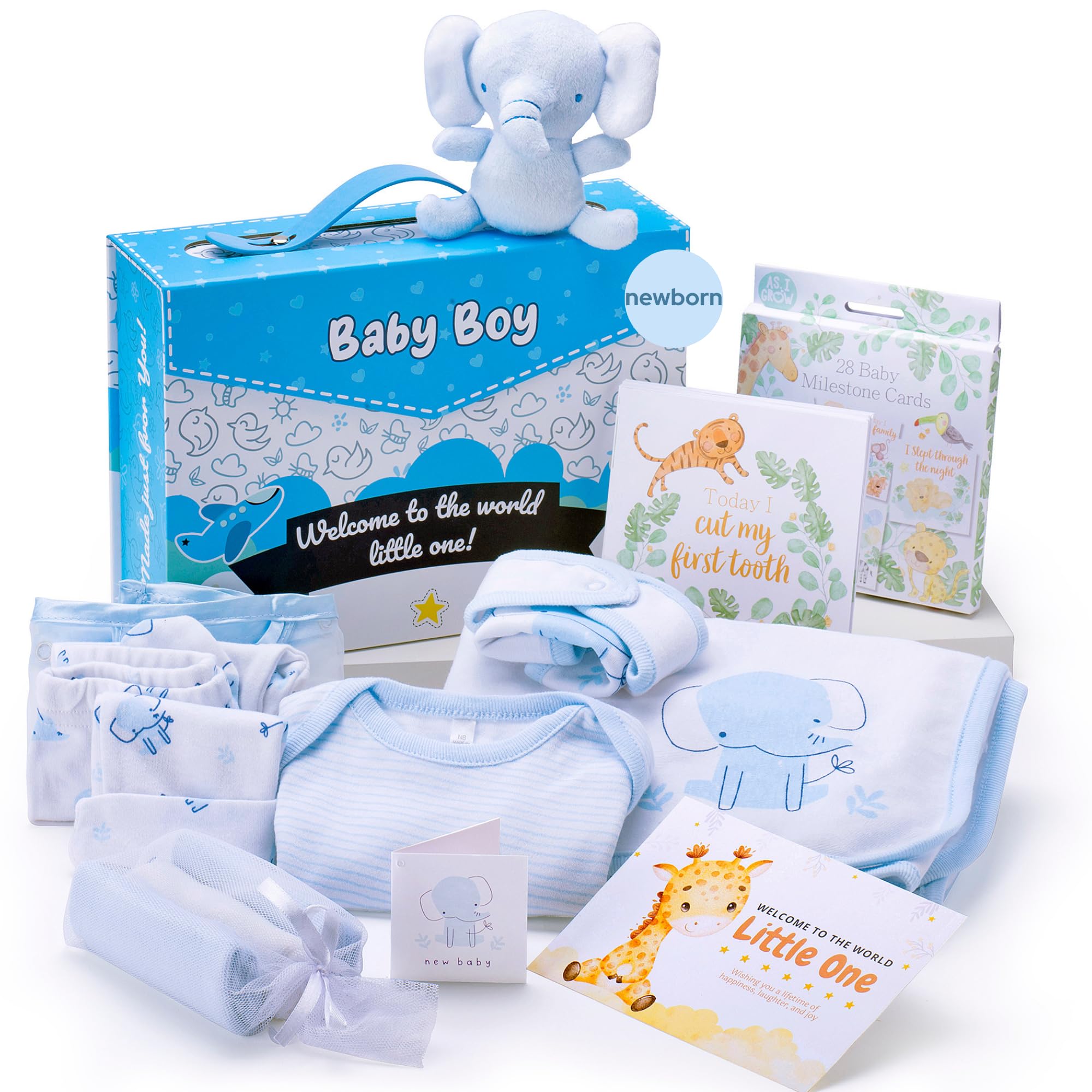 Hattie's Gifts New Born Baby Boy Gift – Elephant Theme Baby Hamper with Bodysuit, Bib, Hat, Blanket, Toy & Milestone Cards – 12 Piece Essential Gifts for New Mums (Newborn)