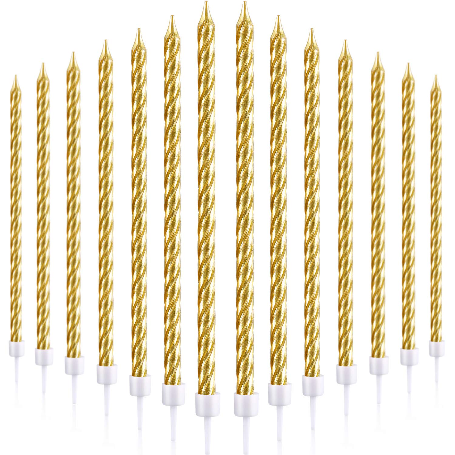 Photo 1 of 30 Pieces Birthday Candles Spiral Cake Candles Metallic Cupcake Candles Long Thin Cake Candles in Holders for Birthday Wedding Party Cake Decorations (Gold)