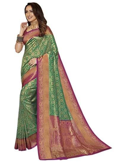 Womens Brocade Silk Saree With Blouse Piece (SF-silk-202_Jade Green & Dark Pink)