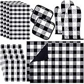 Reallnaive 14 Pcs Oven Mitts Kitchen Towels Dishcloths Pot Holders and Dish Drying Mat Set Dish Towels Oven Gloves Pads Kitchen Counter Mat for Cooking Grilling Baking(Black and White)
