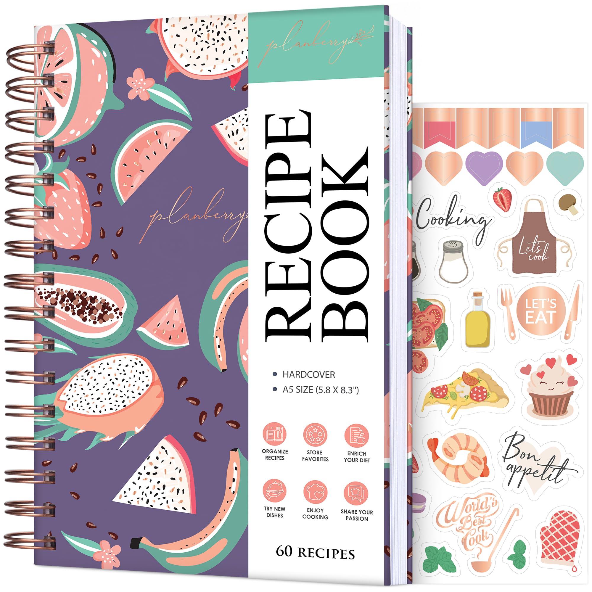 PLANBERRY Recipe Book – Blank Hardcover Cookbook to Write in Your Own Recipes – Empty Cook Book Journal to Fill in – Blank Family Recipe Notebook – 60 Recipes, 14x21cm (Tropical Fresh)