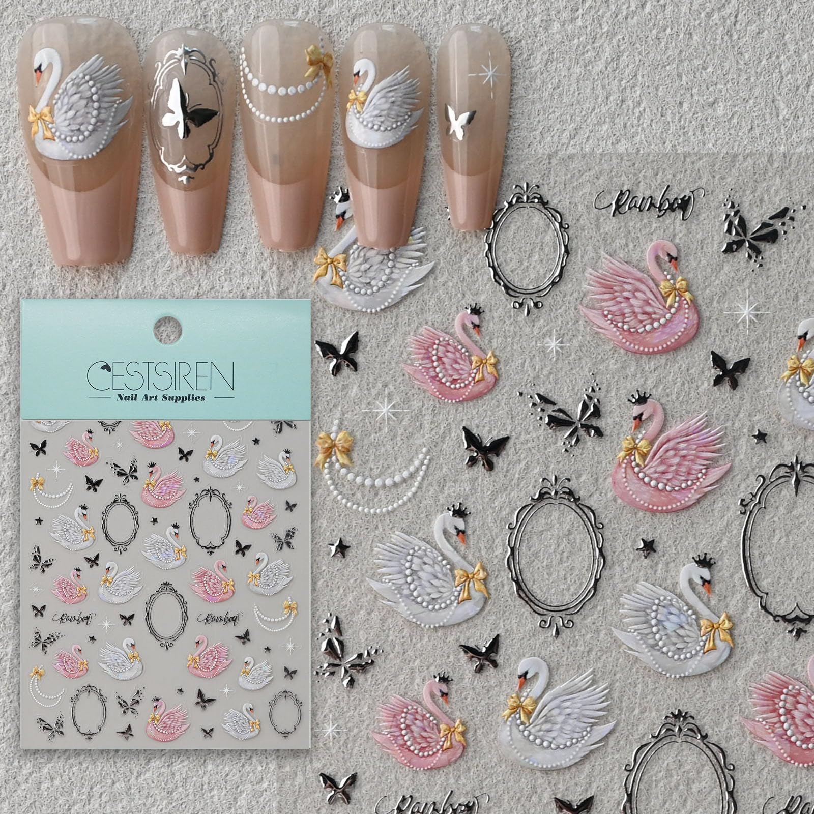 CESTSIREN Swan Nail Art Stickers,Vintage Nail