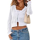 SimpleFun Womens Crochet Cardigan Casucal Tie Front Shrugs Sweaters Long Sleeve Knit Cropped Cardigans Tops