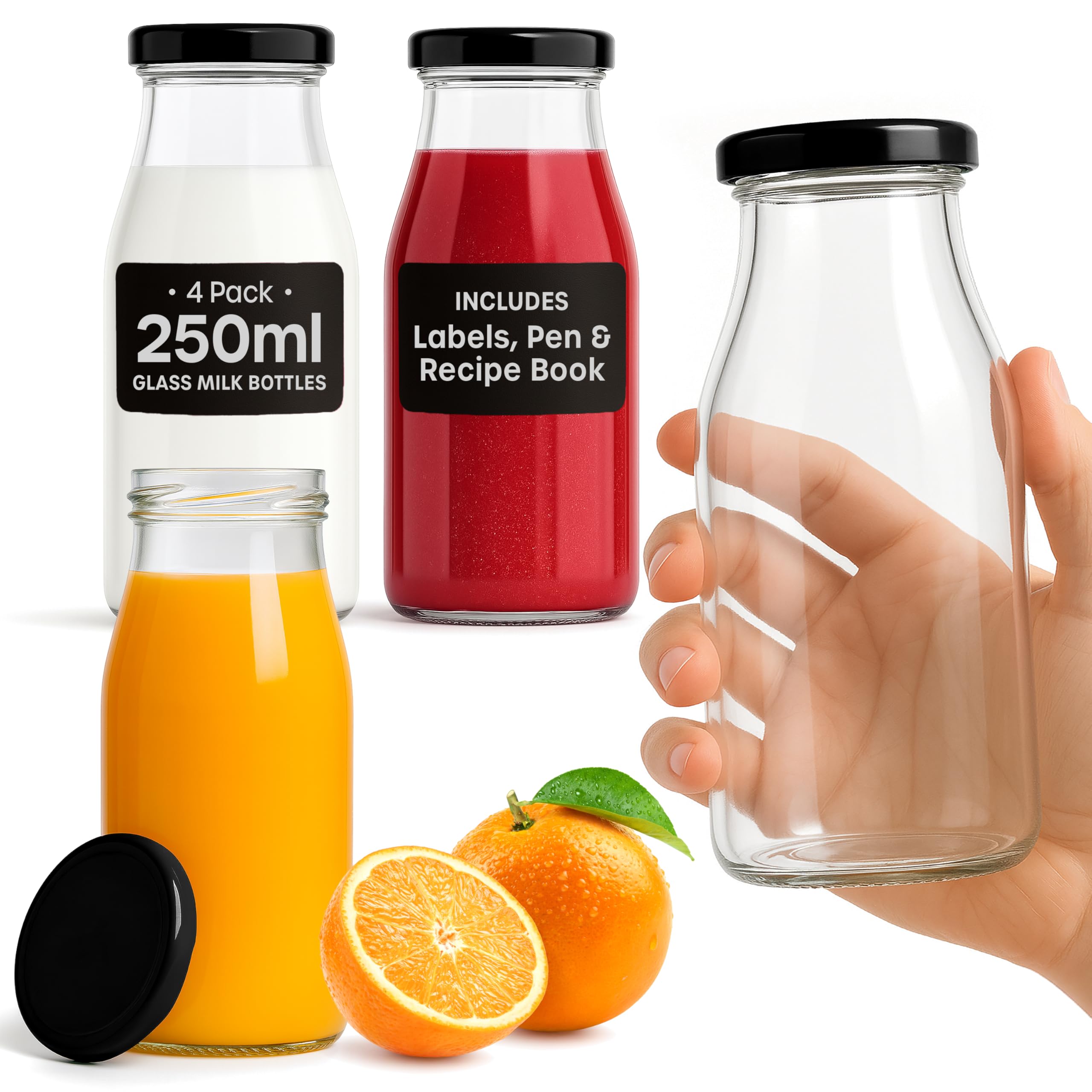 volila Glass Milk Bottles with Lids - 4 Pack x 250ml Glass Bottles with Lids, Labels, and Pen - Reusable Milk Bottle for Juices, Dressings, Sauces, Beverages, Decoration and Storage (Black Lid)