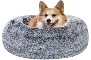 CATBOAT 30'' Calming Dog Cat Bed - Indoor Washable Donut Dog Bed with Fluffy Faux Fur Plush, Round Anti Anxiety Pets Bed Non-Slip, Self Warming Cuddler Cushion Bed for Medium Large Dogs and Cats, Grey