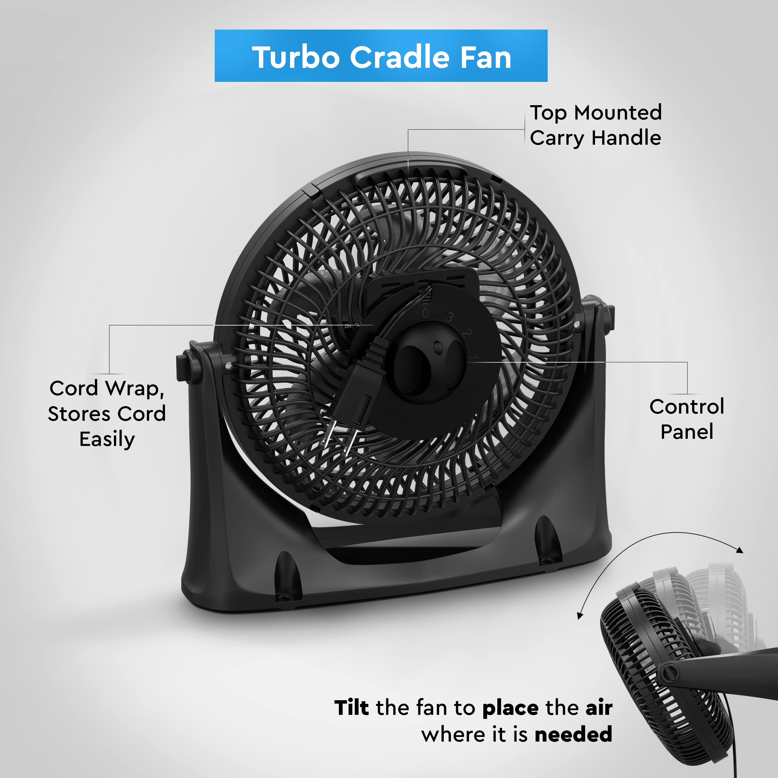 Comfort Zone PowrCurve Floor Fan with Wall-Mounting Capabilities, 9 inch, 3-Speed, 180 Degree Adjustable Tilt, 6 Blades, Ideal for Home, Bedroom & Office (Bracket Included), CZHV101BS