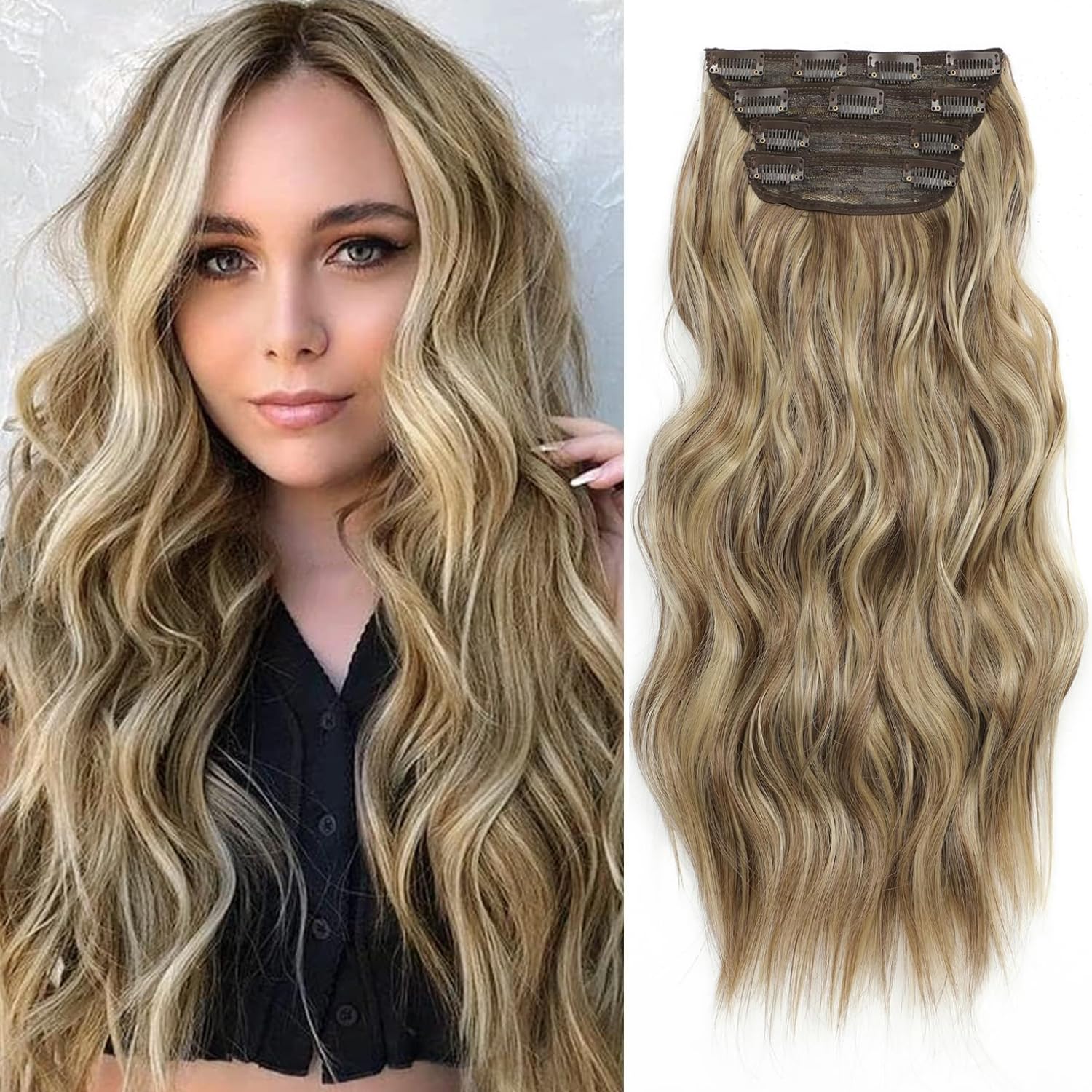 Fine Plus Clip in Hair Extensions 4Pcs Thick Full Head Light Ash Blonde with Lowlights 20Inch Hair Extensions Clip in Curly Wavy Synthetic Hair Extension, 1.0 count — image 1