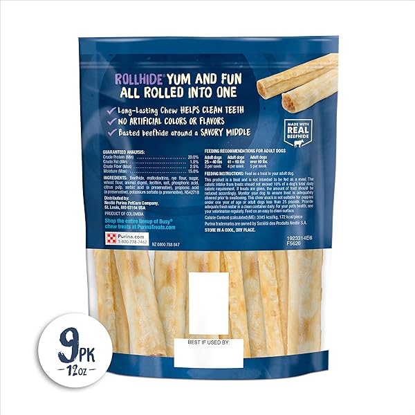 PURINA BUSY RAWHIDE SMALL/MEDIUM BREED DOG BONES, ROLLHIDE – 9 CT. POUCH