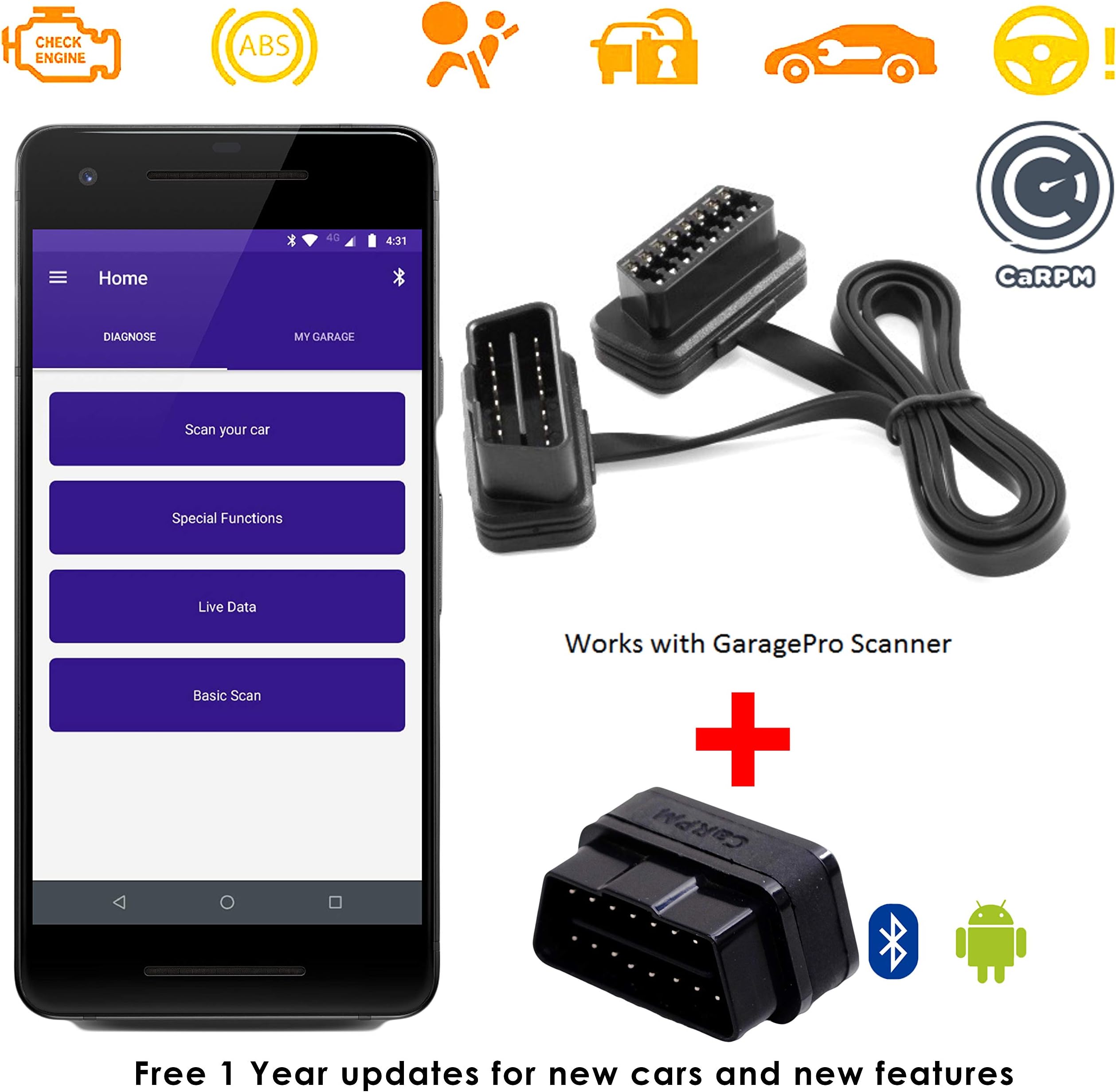 CaRPM Garage OBD Scanner with Full scanning (Engine, ABS, SRS, EPS, BCM) with 16 Pin Male to Female OBDII Extension Cable