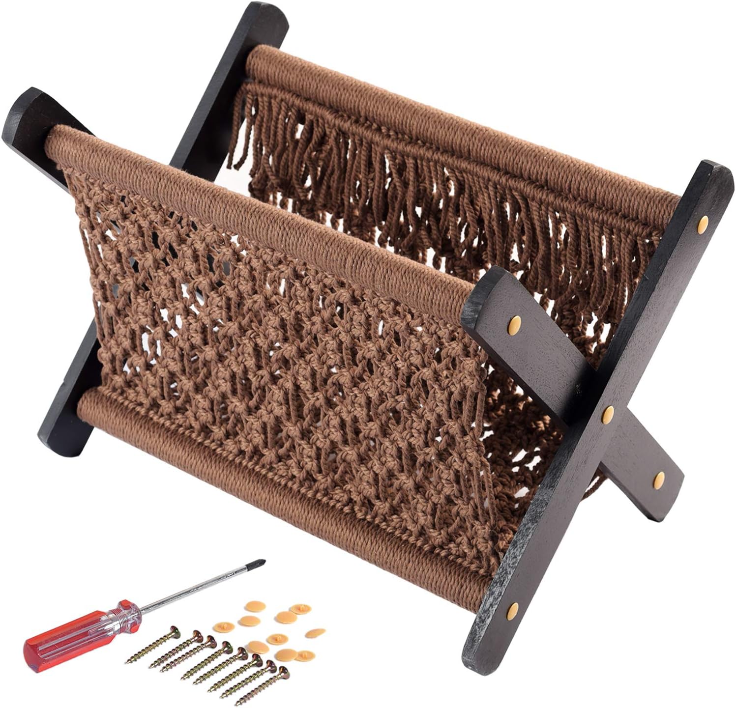 Macrame Boho Magazine Holder, Magazine Rack Boho Decor, Boho Shelves for Towel, Books, Newspapers, Notebook, Tablets, Living Room, Office, Boho Wall Decor For Bedroom |14x13x10 In - Chocolate