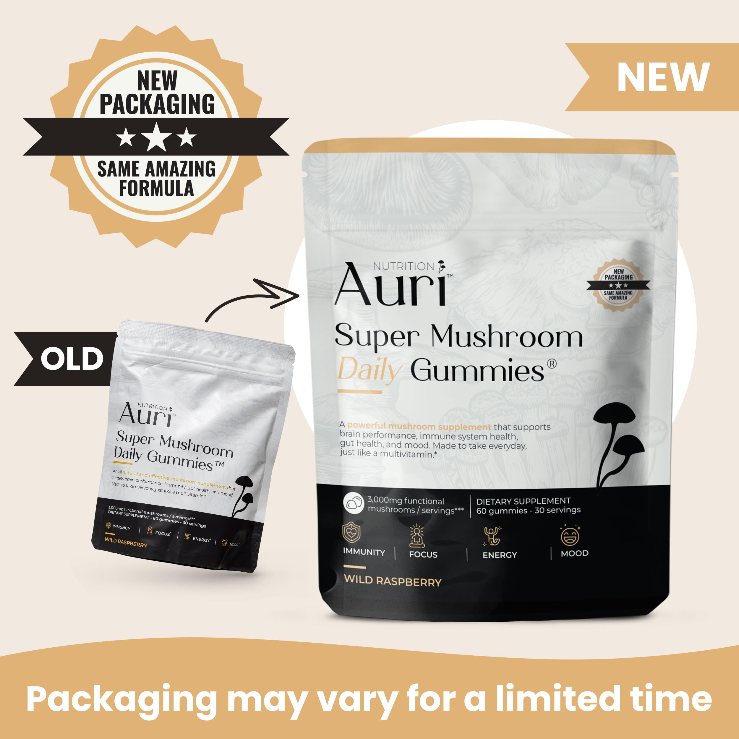 Auri Super Mushroom Daily Gummies - All-in-One Daily Mushroom Supplement Gummy - 12 Mushroom Blend with Chaga, Lions Mane, Reishi, Cordyceps - 60 Gummies