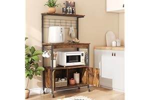 Bestier Bakers Racks with Storage Cabinet, Height-Adjustable 45" to 55" Microwave Stand for Kitchen with Wheels & Feet, Industrial Rolling Coffee Bar Shelf with 10 S-Hooks Rustic Brown