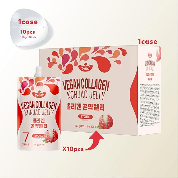 DELIEF VEGAN COLLAGEN KONJAC JELLY (LYCHEE FLAVOR) 120G X 10 PACKS – LOW-CALORIE FRUIT GEL SNACK, GLUTEN-FREE, PLANT-BASED, 7 KCAL PER POUCH