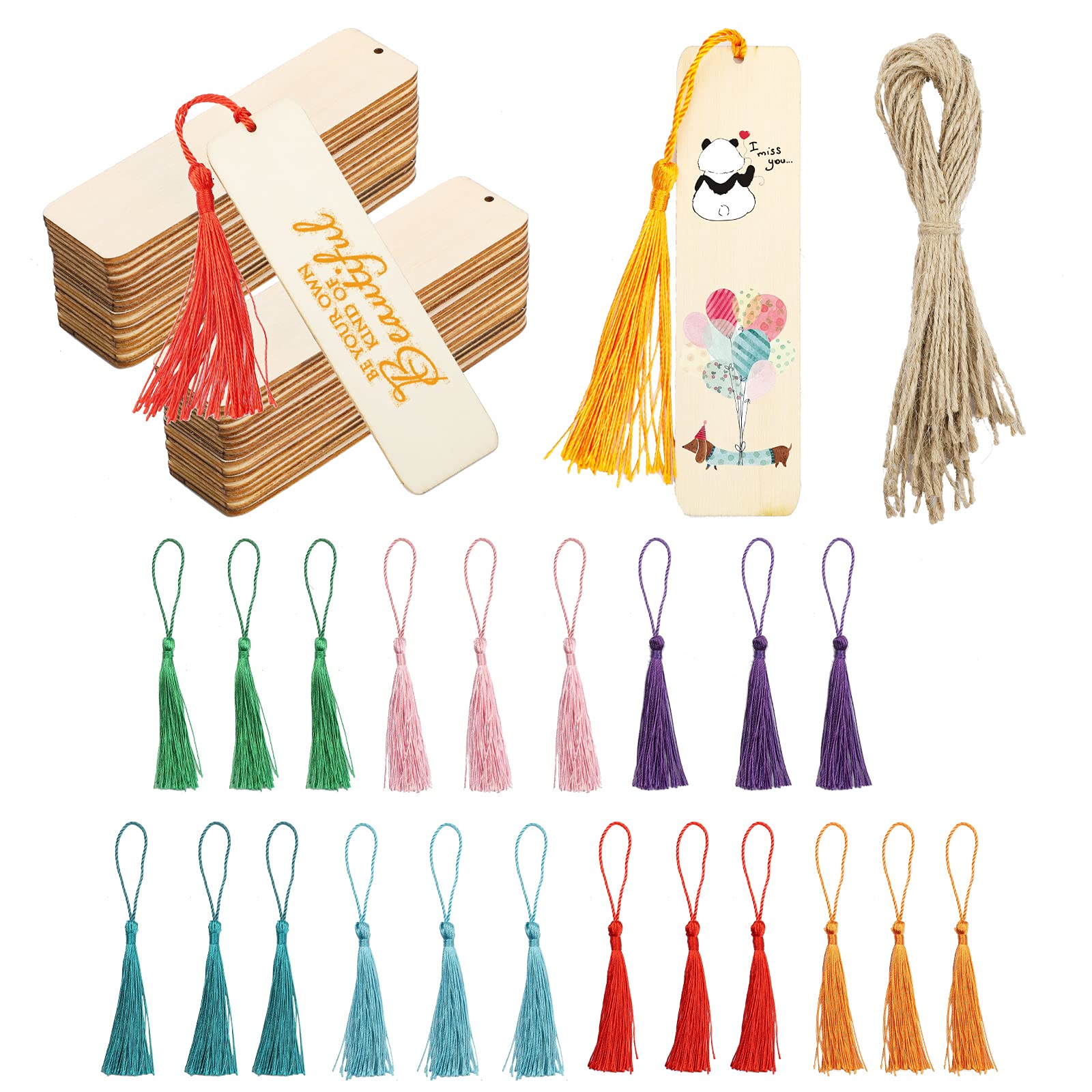 YINGYOU 36 Pcs DIY Wooden Craft Bookmark Wood Blank Bookmarks Unfinished Rectangle Shape Blank Bookmark with 21 Pcs Multiple Colour Tassel Ropes for Christmas DIY Wedding Birthday Party Decoration