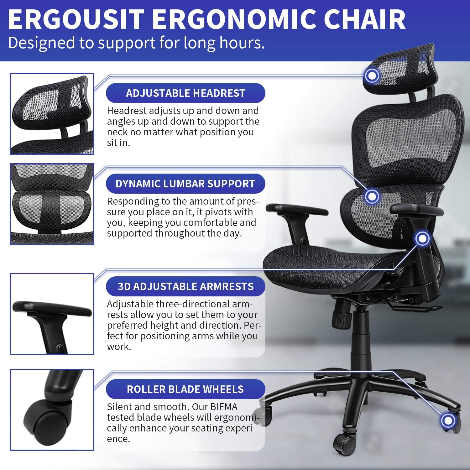Ergousit Ergonomic Office Desk Chair Adjustable Headrest 3D Flip-up Armrests Seat Height Ergonomic Computer Chair，Executive, Drafting, Gaming or Office Chair (Black): Kitchen & Dining