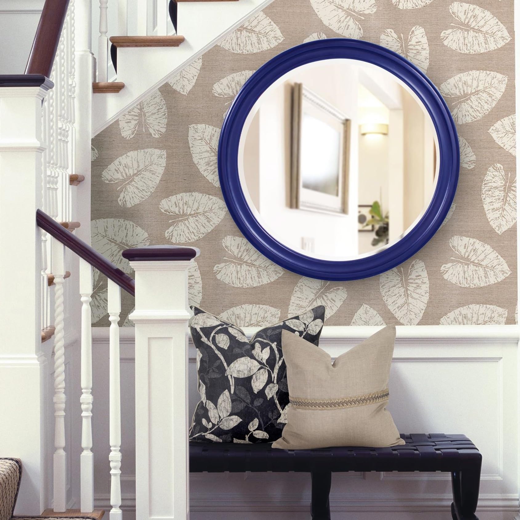 Howard Elliott George Round Glossy Navy Wall Mirror, Bevelled Vintage Hanging Wood Framed Vanity Mirrors for Home Decor, Living Room, Bathroom, Bedroom, or Hallway, 36 Inch Round Image