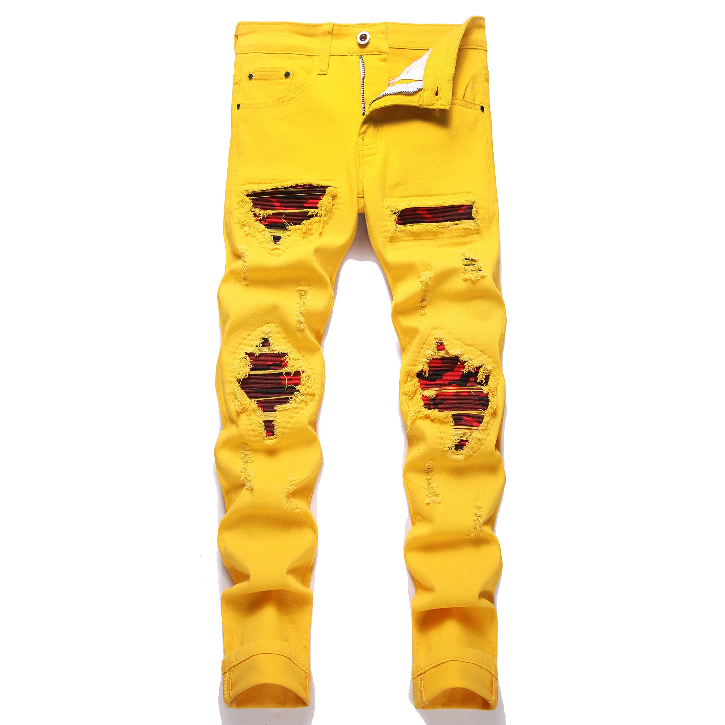 OIIIO Men's Patch Ripped Stretch Regular Fit Jean (34, 6660 Yellow) Image