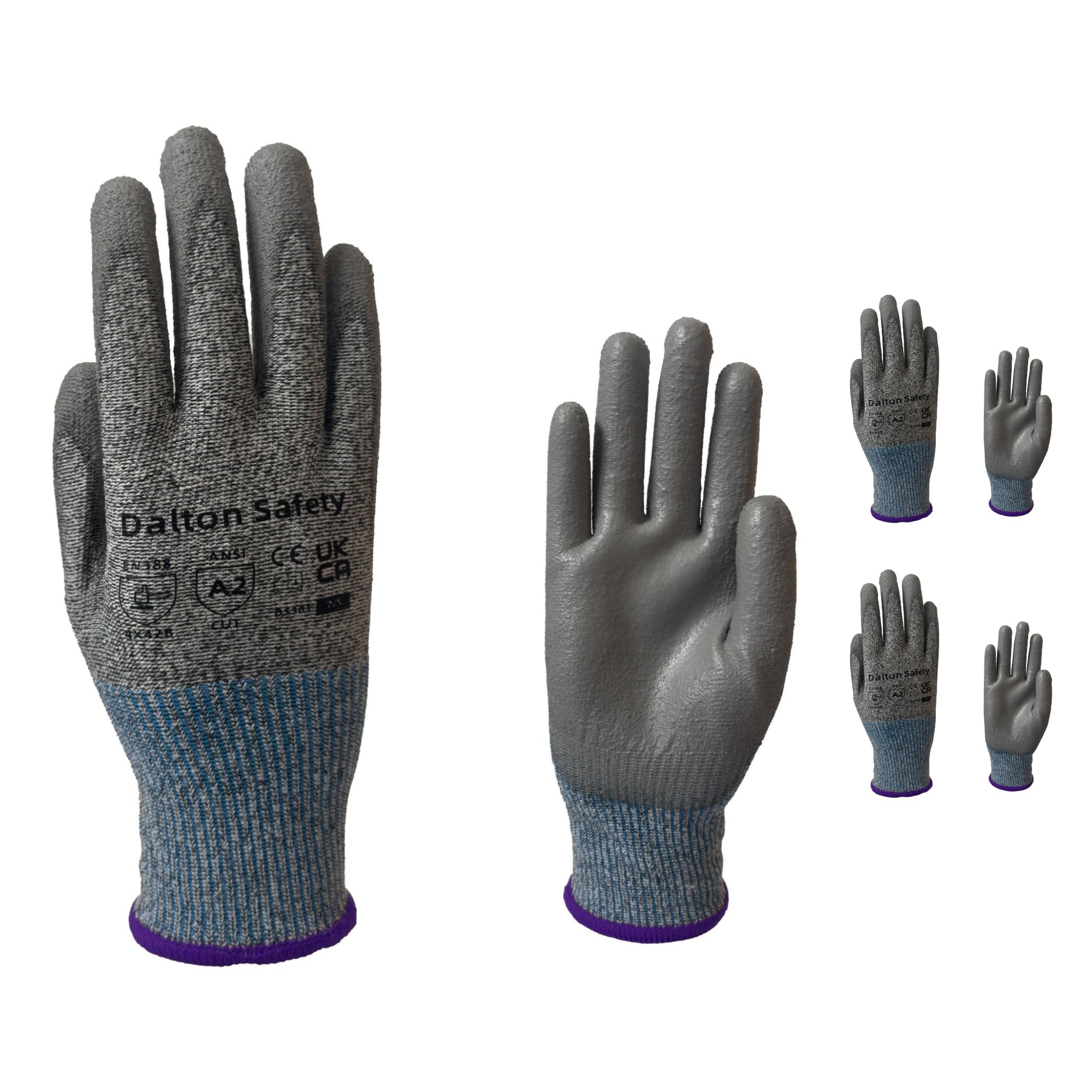 Dalton Safety 2 Pairs Of XS Cut Resistant Level 3 Work Gloves, HPPE Knitted Cuff, PU Coated Palm & Fingertips. Perfect For General Duty, Gardening, Glass Cutting & Sheet Metal Handling