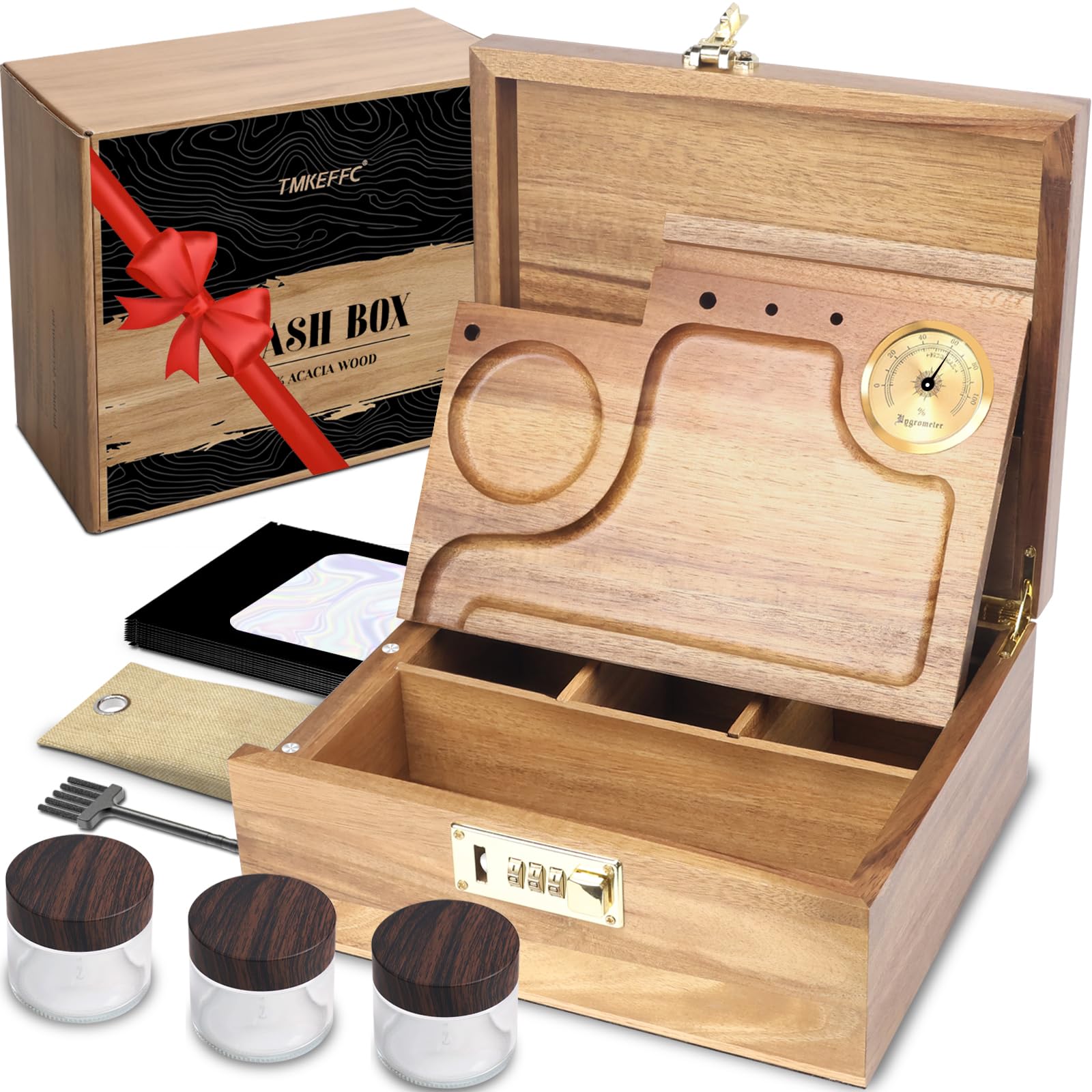 TMKEFFC Large Acacia Wooden Box with Combination Lock, Decorative Wood Box Organizer with Removable Tray, Hygrometer, Freshness Packet, Brush, Jars and Sealed Bags