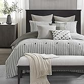 Madison Park Queen Comforter Set, Removable 100% Cotton Duvet Cover Queen Size with Insert, Farmhouse Bedding, Textured Stripe Clipped Jacquard Accent, Queen, Grey 8 Piece