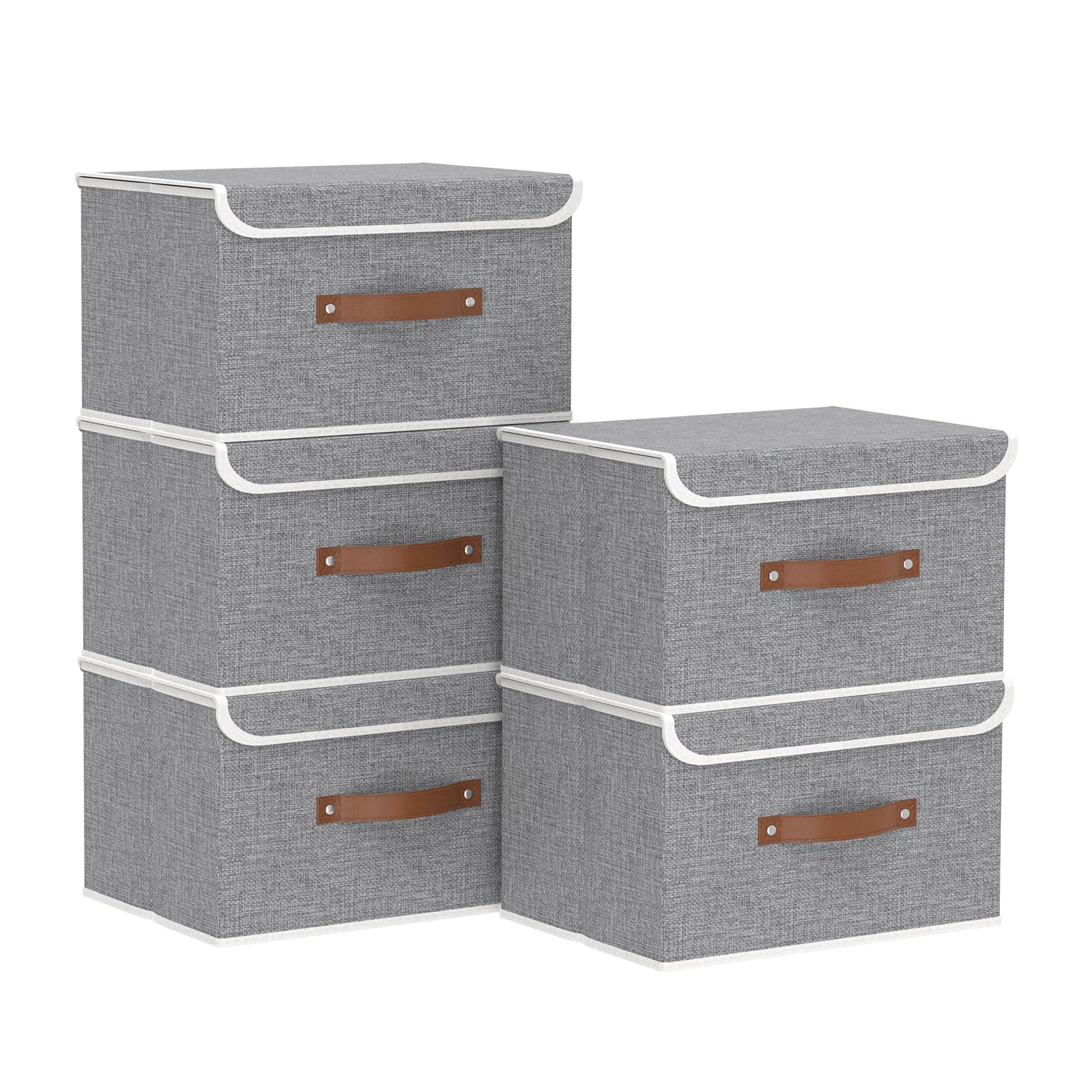Yawinhe Storage Boxes with Lids 5 Pack, Collapsible Storage Bin with Handle, for Organizing Clothes, 33x23x20cm, Grey, SNK018GYS-5