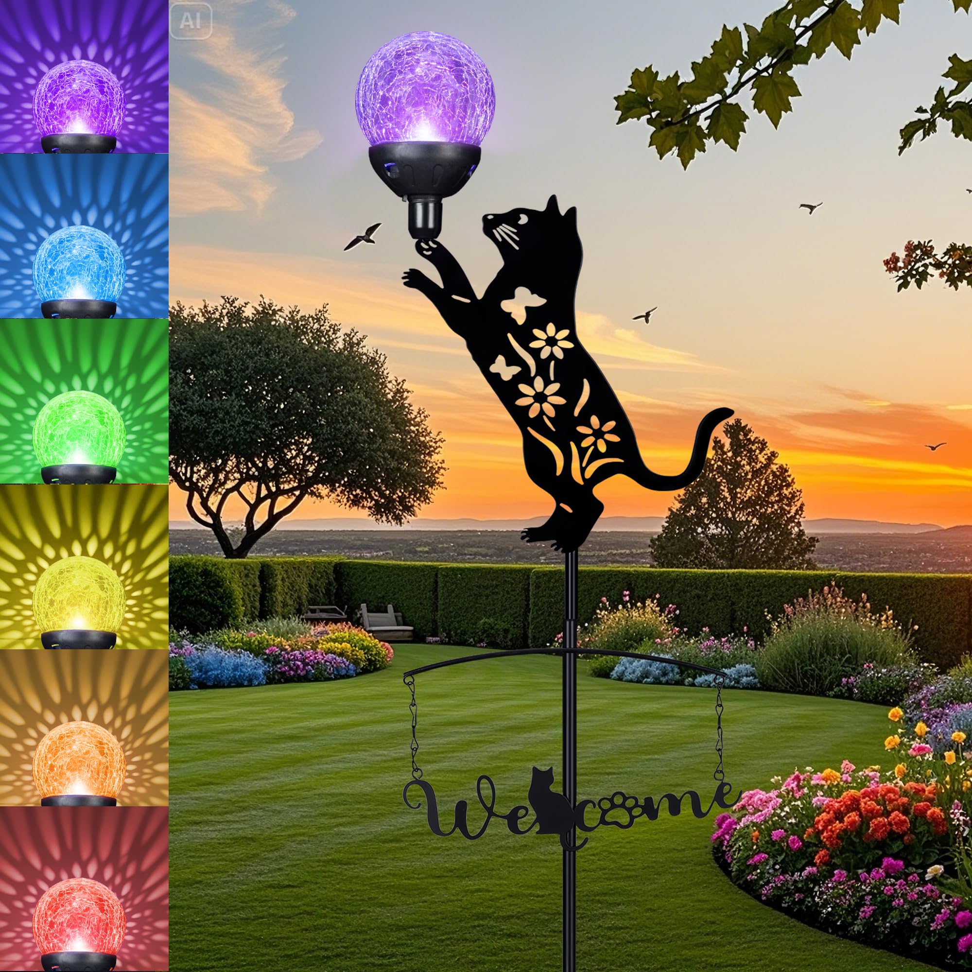 Photo 1 of GIBMIDSER Cat Solar Lights Outdoor Garden Decor,40” Black Cat Stake with Color Changing Crackle Glass Ball Light,Metal Cat Silhouette Welcome Sign for Yard,Lawn,Pathway,Patio,Unique Gift Ideas