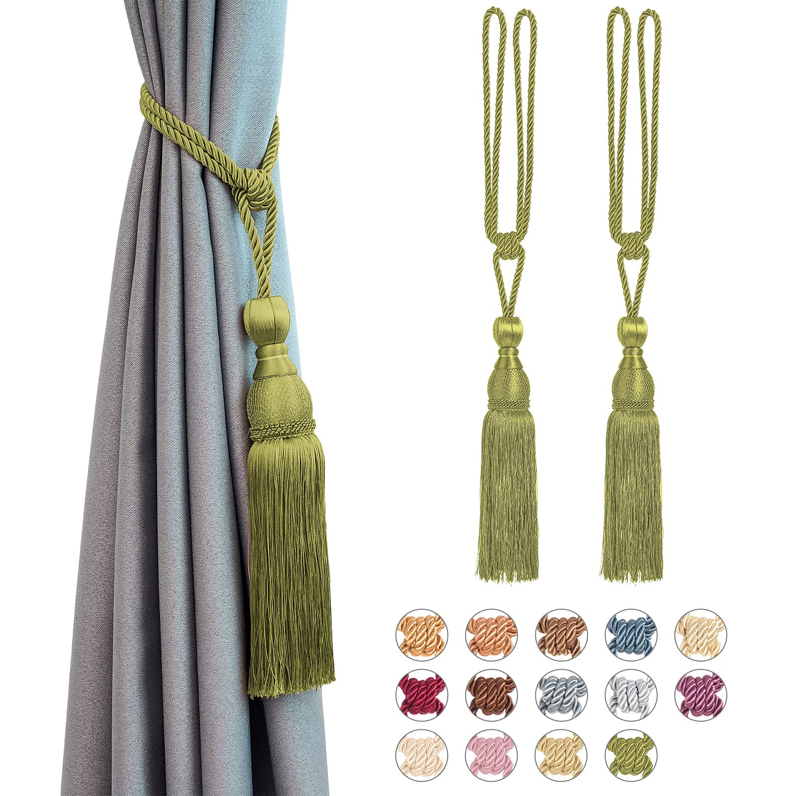 Pretty Jolly 2 Pack Mesh Ball Tassel Curtain Tiebacks European Vintage Style Curtain Holdbacks Handmade Braided Rope Decorative Drape Tie Backs for Home and Office Window Drapery (Green)
