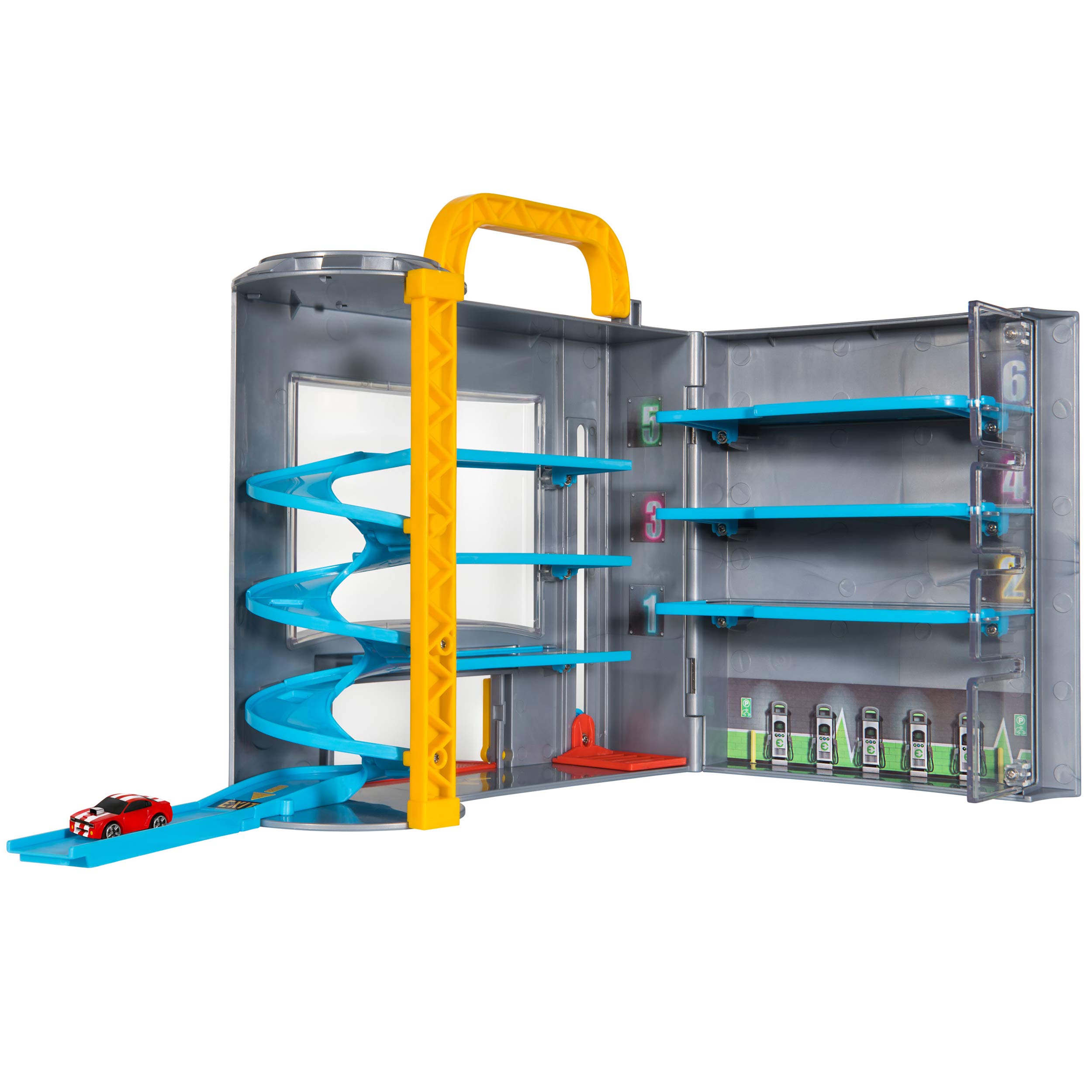 Micro MachinesPark and Go Garage Playset - Play and Display Your Toy Car Collection, Incl. 1 Vehicle + Spiral Ramp to Race Into Action - Portable & Perfect for On-The-Go Adventures