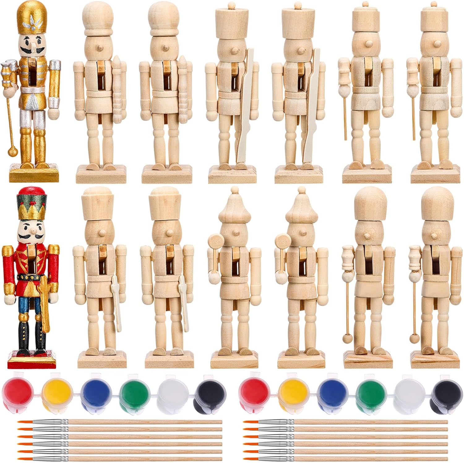 Nutcrackers - Yunsailing 38 Pcs 4.72 x 1.7 Inches Christmas Nutcracker Ornament Kit Wooden Unfinished Nutcracker Figures with Paint Brush and White Beard Unpainted DIY Blank Paint Toy for Xmas Craft Decoration