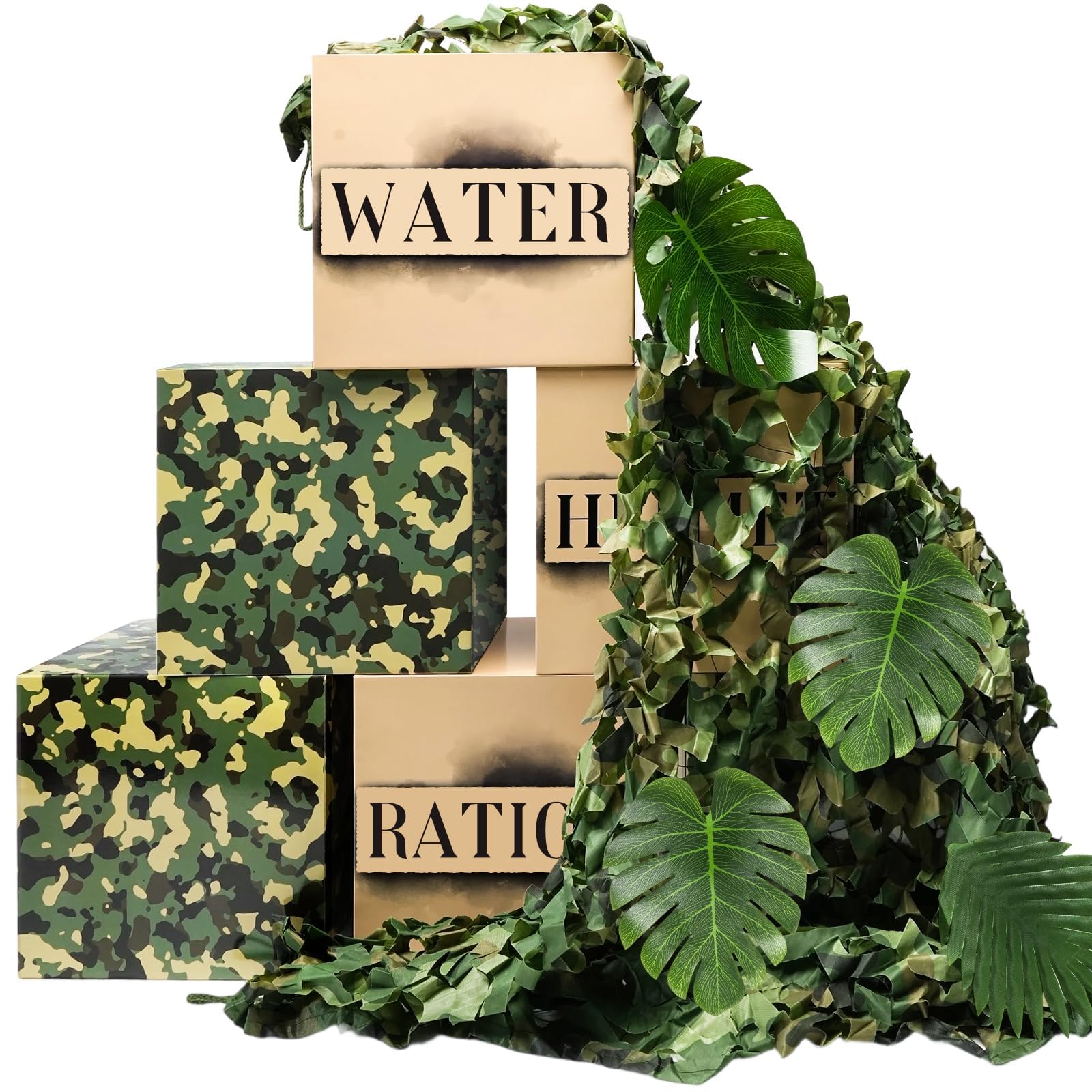 Photo 1 of 19 Pcs Camo Boxes Decor Army Party Decorations Including Camo Boxes Camo Netting and Palm Leaves Artificial for Hunting Military Army Military Enthusiasts Jungle Camo Party Birthday Party Supplies