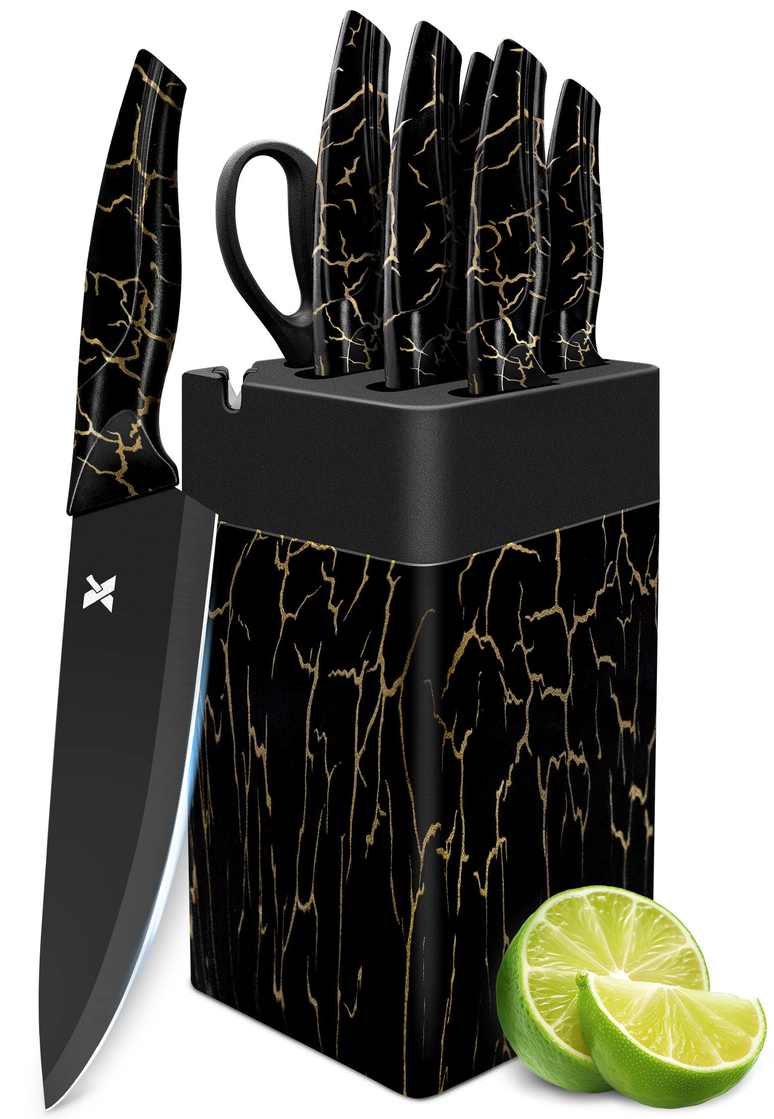 Knife Set, 8 Pieces Kitchen Knife Set, High Carbon German Stainless Steel, Dishwasher Safe Cutlery with Sharpener, Black Image