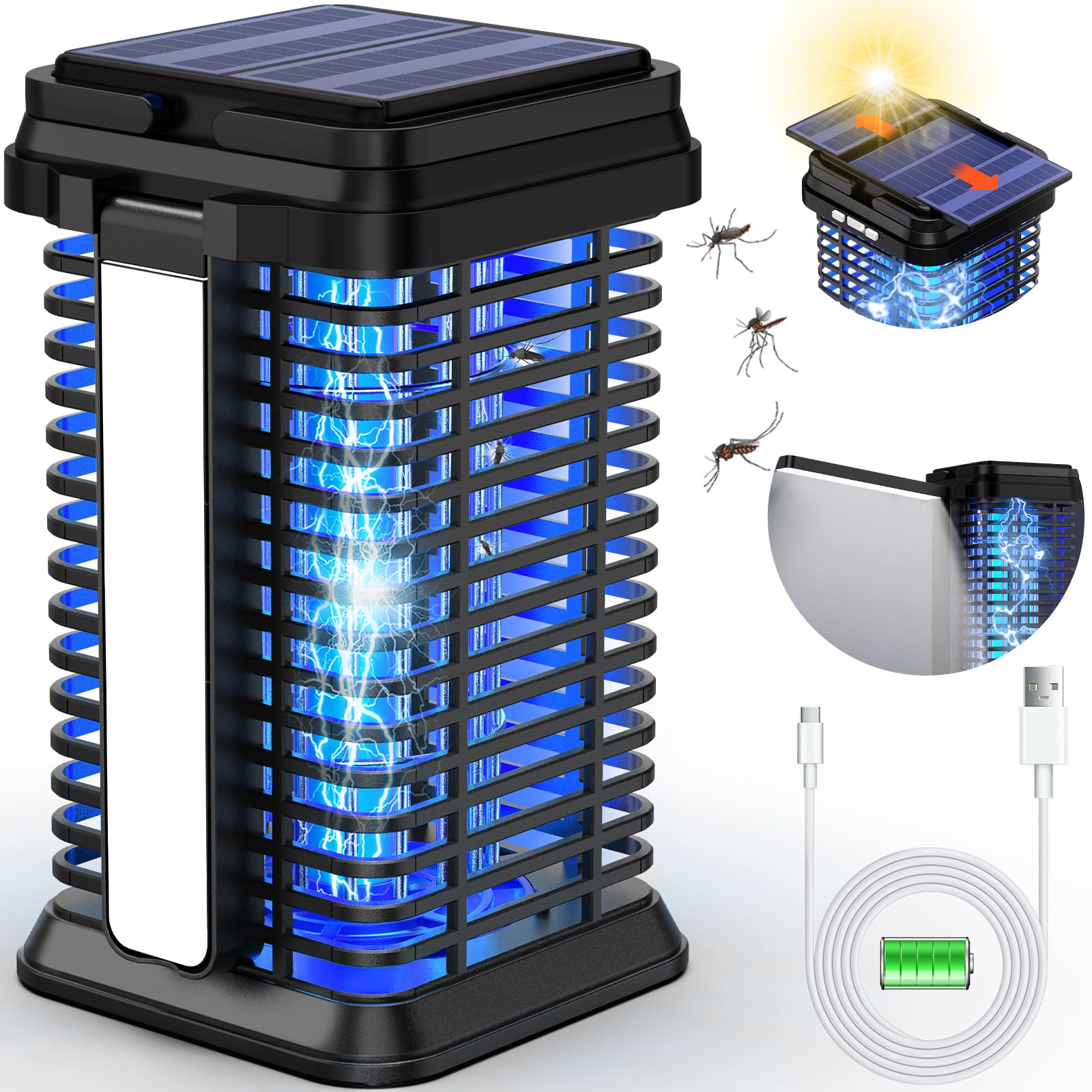 Photo 1 of Rechargeable Solar Bug Zapper Outdoor & Indoor, Mosquito Fruit Fly Trap, Gnat Moths Catcher, 4200V Grid, USB Charging, 5000mAh Battery, Fit for Home, Kitchen, Backyard, Camping, Patio