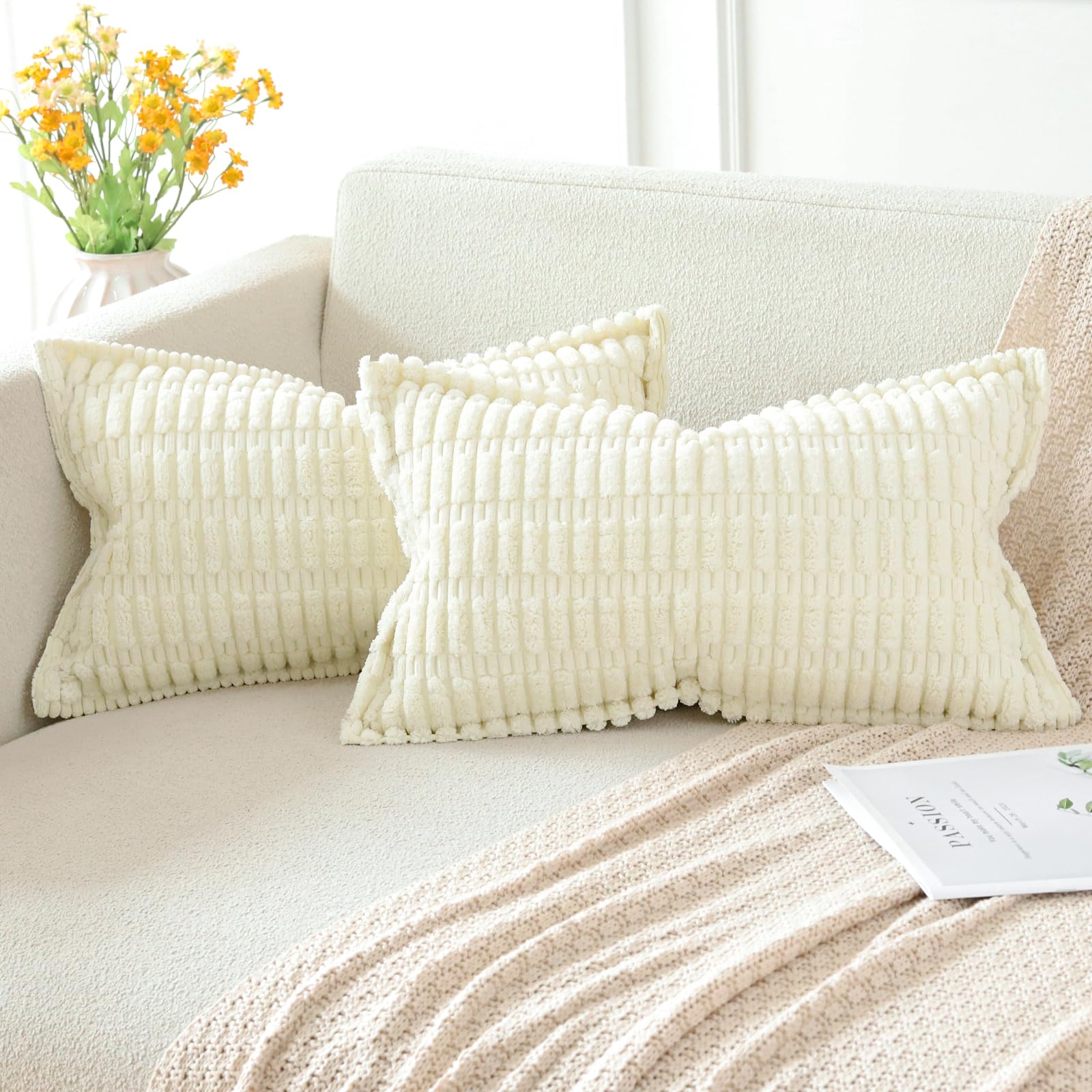 Artscope Cream White Beige Cushion Covers Set of 2 Corduroy Decorative Square Striped Pillowcase with Stitched Edge Pillow Covers 40x60cm for Home Decor Sofa Bedroom Car
