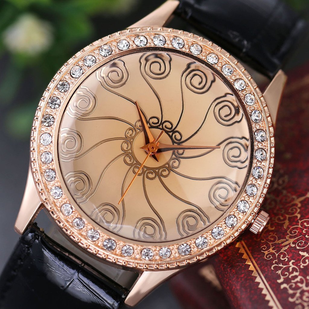 Top Plaza Womens Fashion Crystal Accented Brown Volume Flower Analog Quartz Wrist Watch Black Band