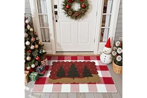OJIA 2PCS Christmas Door Mat Combo Set, Imitation Coir Holiday Doormat + 28"x43" Red and White Plaid Rug Xmas Washable Front Door Rugs Layered Door Mats Floor Carpet for Entry Outdoor Porch Decor
