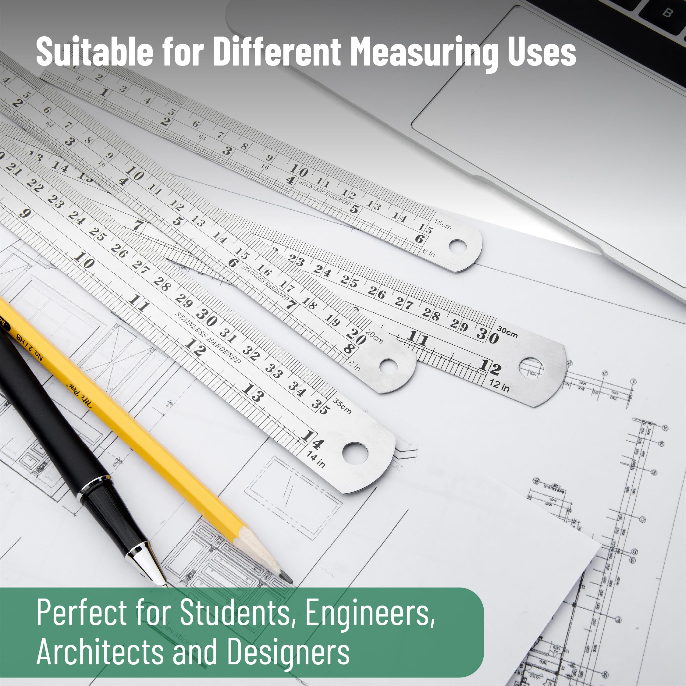 Mr. Pen Steel Rulers, 6, 8, 12, 14 inch Metal Rulers, Pack of 4