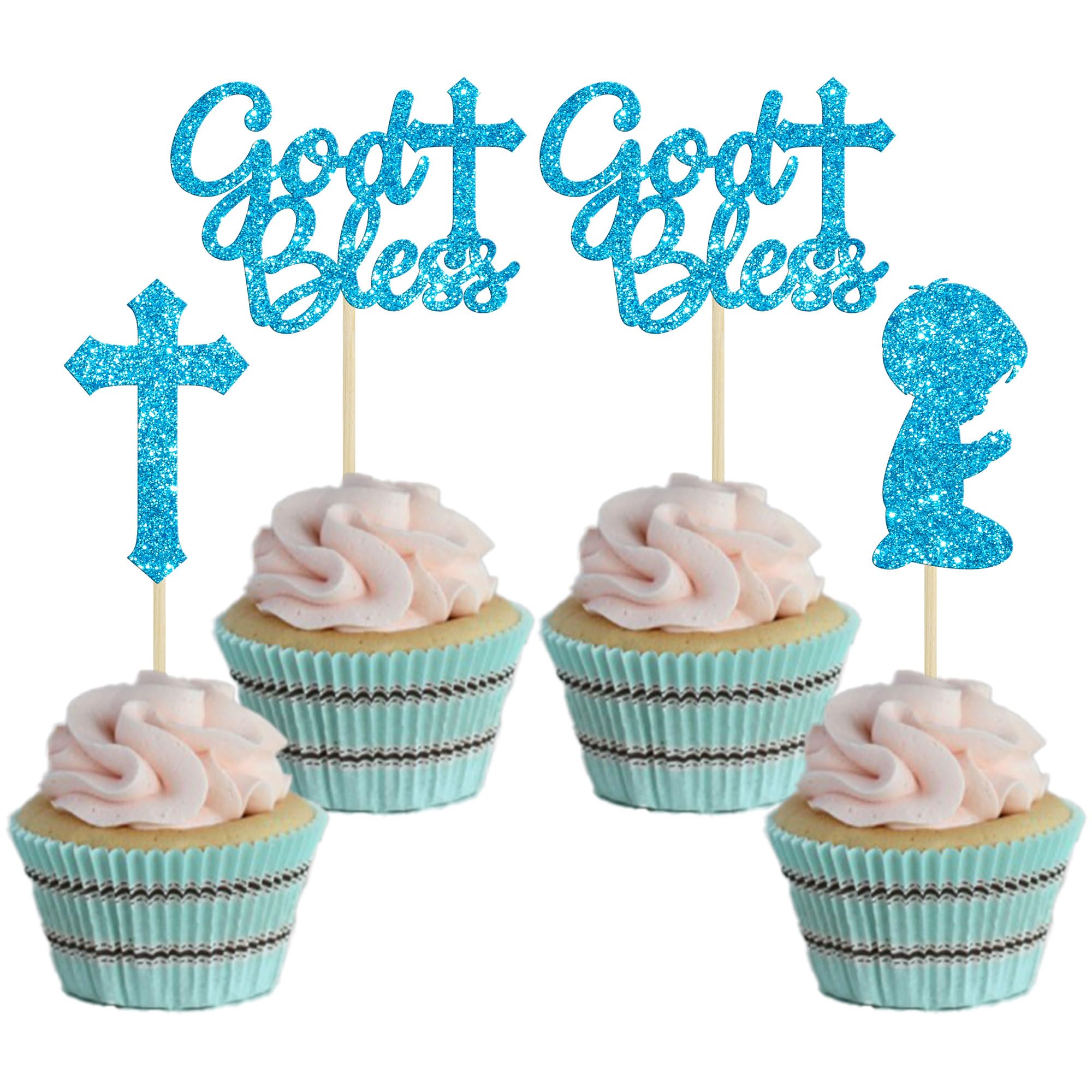 Gyufise 24Pcs Blue Glitter Boy God Bless and Baptism Cupcake Toppers Cross Babyshower Cupcake Picks Christian Party Decoration Supplies