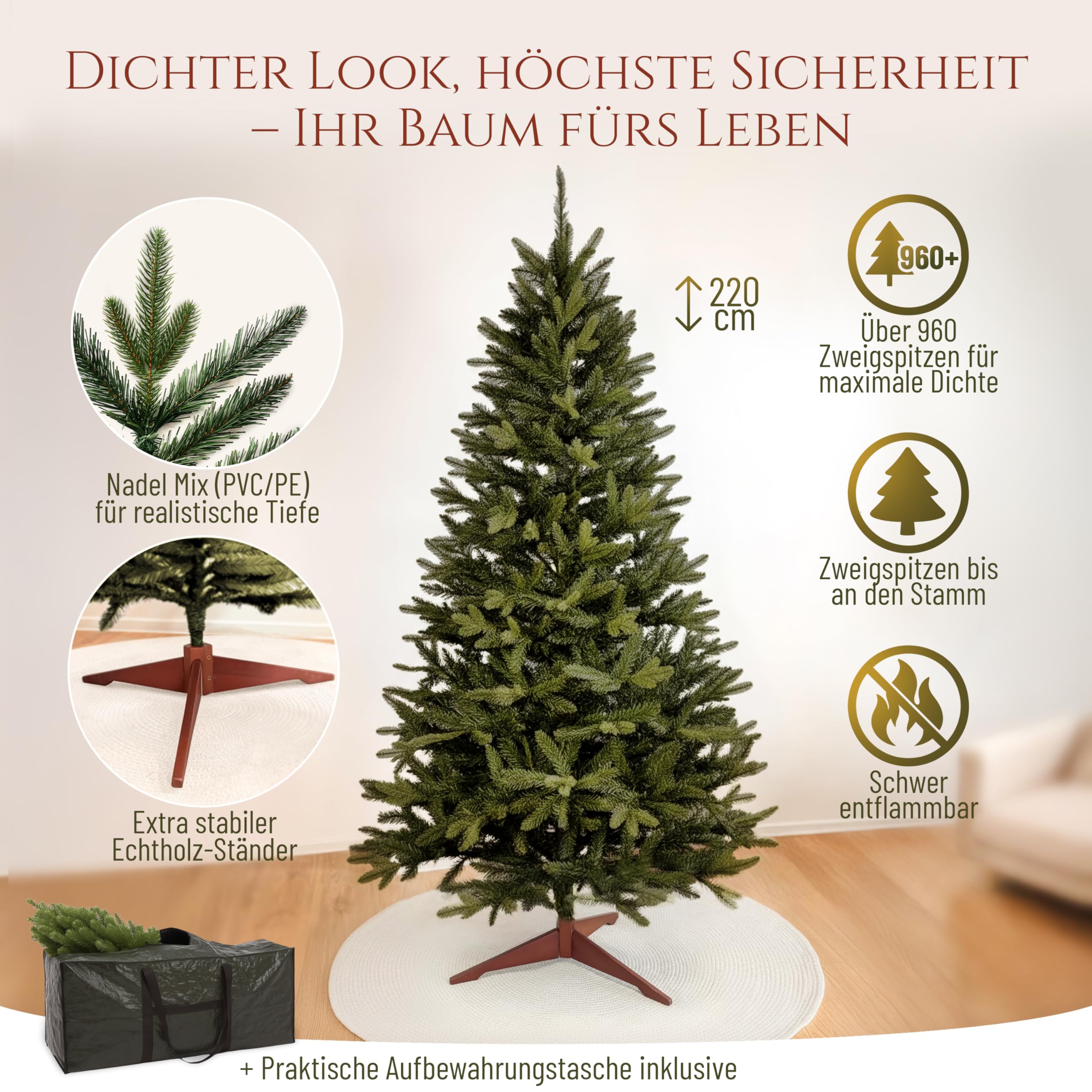 Premium Weihnachtsbaum künstlich 220cm - TESTSIEGER 10 Jahre GARANTIE - Naturgetreu, dichte Zweige, Künstlicher Weihnachtsbaum mit Holzständer – Tannenbaum künstlich von Pure Living