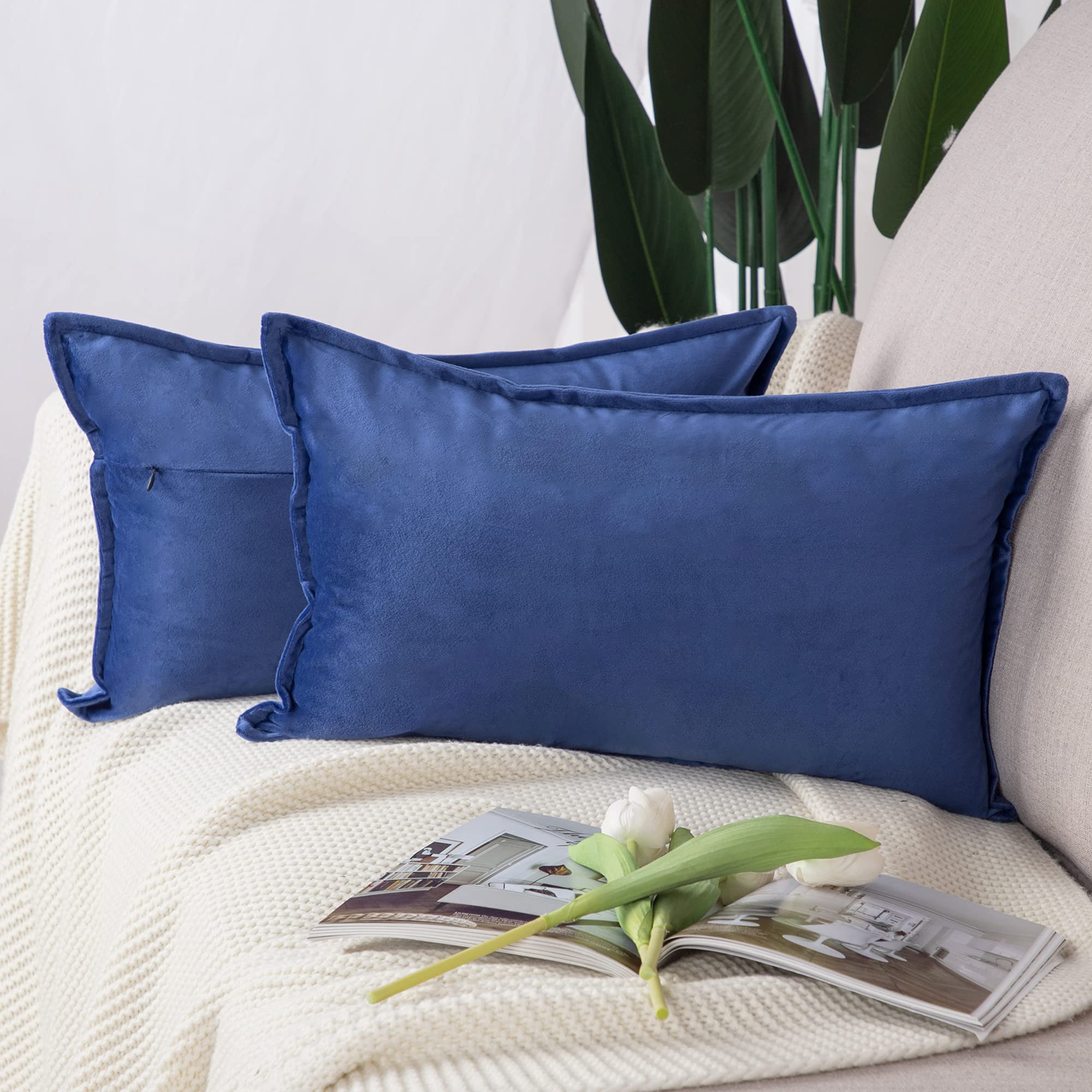 Madizz Pack of 2 Super Soft Velvet Decorative Cushion Covers with Fringe Luxury Style Cushion Case Pillow Shell for Sofa Bedroom Royal Blue 12x20 inch, 30x50 cm Rectangular