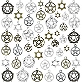 JIALEEY 48pcs Mixed Magic Pentacle Hexagram Star Protection Lucky Charms Pendants DIY for Necklace Bracelet Jewelry Making, Antique Silver Bronze