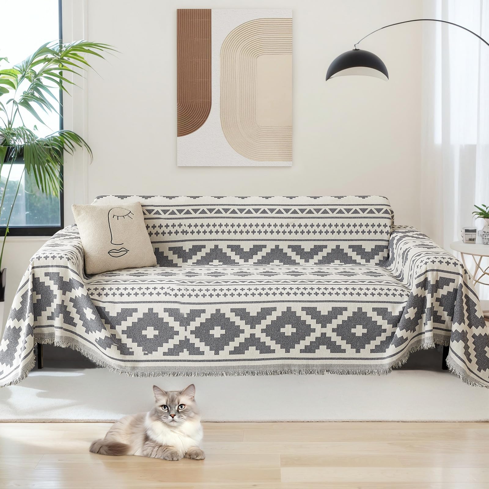 LiveGo Chenille AB Sided Sofa Cover for 3 Seater, Soft Slipcover with Tassel, All-Season Washable Couch Protector for Dogs, Decorative Futon & L Shaped Sofa Cover (Light Gray, 180×300 cm)