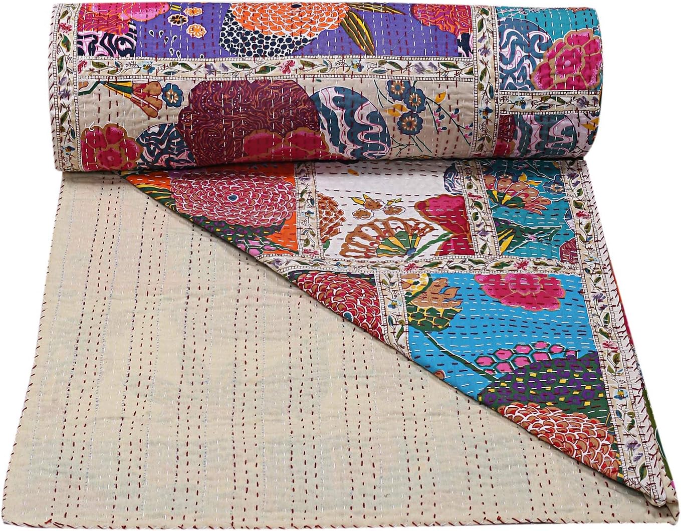 Colcha tradicional hecha a mano de algodón Kantha con diseño de